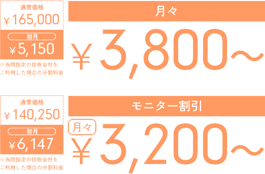 通常価格　165,000円　1回目　5,150円　2回目以降　3,800円　モニター価格　140,250円　1回目　6,147円　2回目以降　3,200円